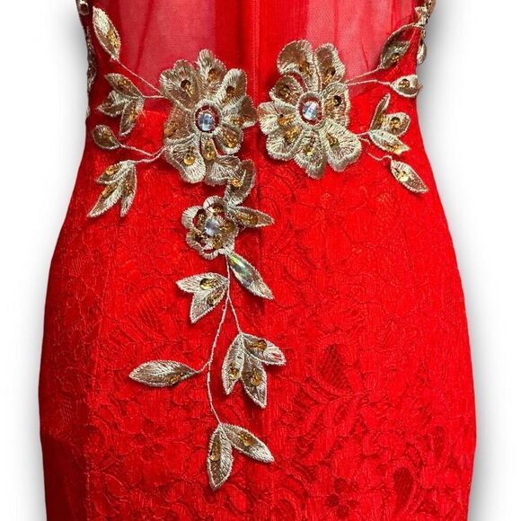 Vintage Elegant Red and Gold Lace Embroidered Peacock Lace Maxi Dress - Picture 3 of 15